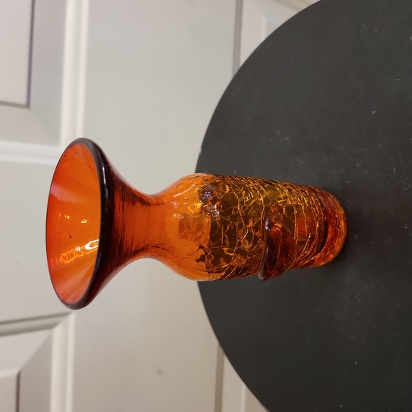 Blenko Crackle Amber Vase with Applied Leaf 5.25" - Picture 2 of 12